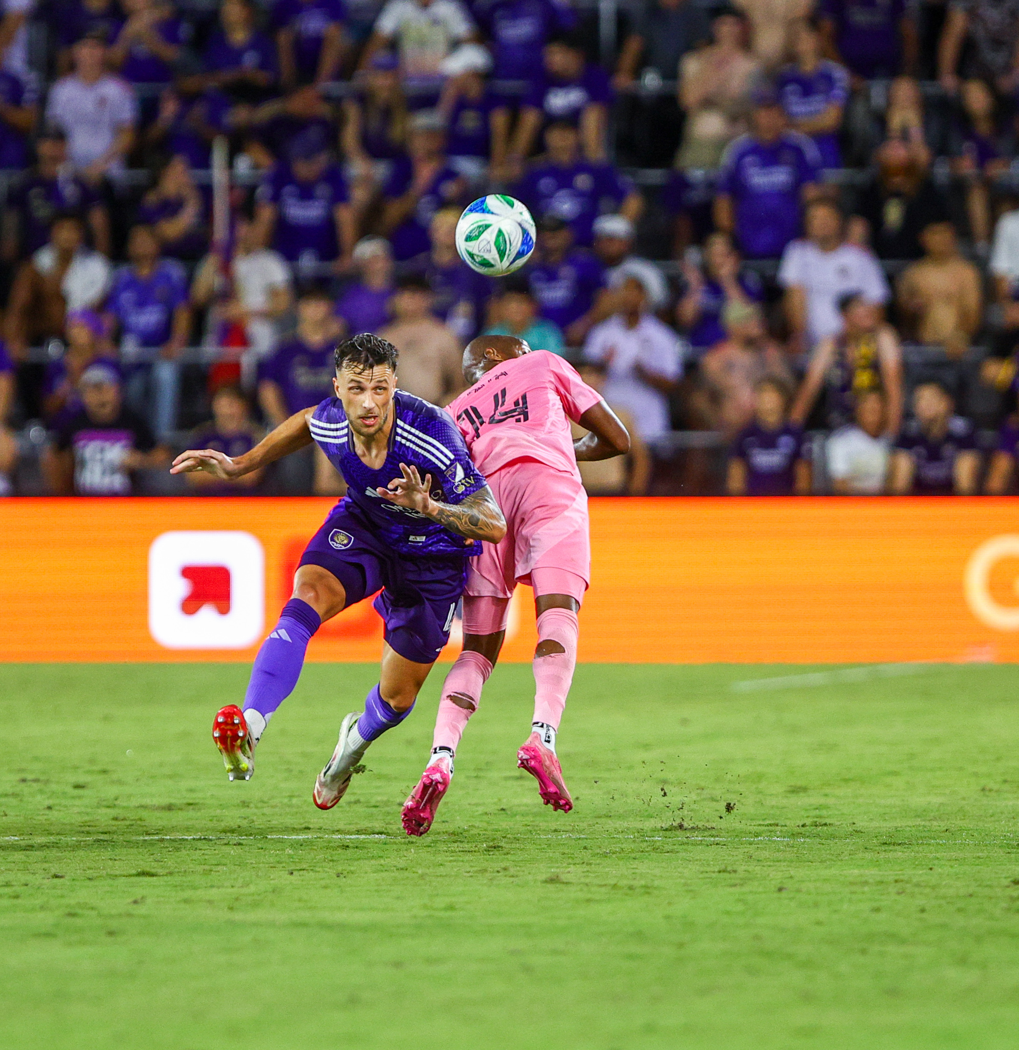 David Brekalo wins a header over Fafa. David was solid in the win vs Miami